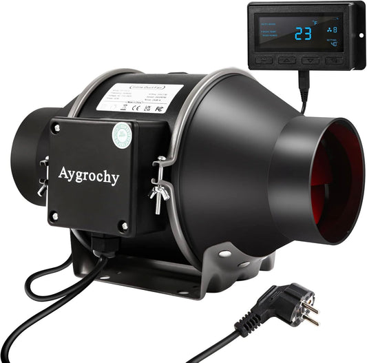 Aygrochy 100 mm Intelligent Duct Fan with Temperature and Humidity Control, Extractor Fan for Boosters, Grow Tents, Ventilation and Tente de Culture Hydroponique