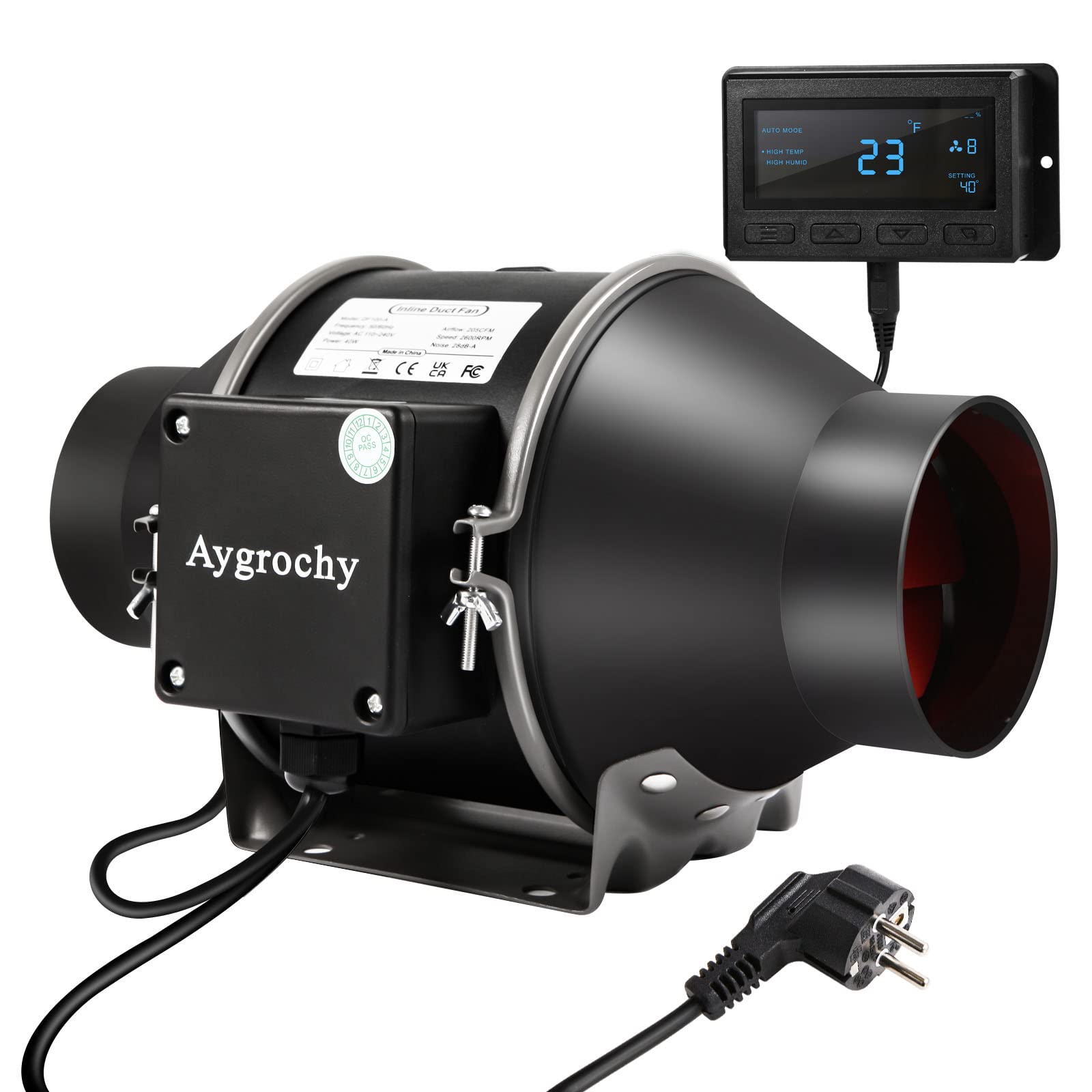 Aygrochy 100 mm Intelligent Duct Fan with Temperature and Humidity Control, Extractor Fan for Boosters, Grow Tents, Ventilation and Tente de Culture Hydroponique
