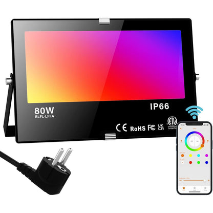 RGB LED Spotlight Outdoor 80 W Bluetooth App Control Floodlight Outdoor 2700 K & Million Colours Dimmable Smart Floodlight IP66 Waterproof Outdoor Floodlight Garden Mood Lights 1