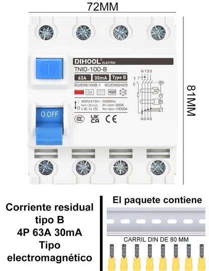 DIHOOL RCD type B fi afbryder reststrøm enhed FI-kontakt DIN hat skinne 4-polet 63 A 30mA