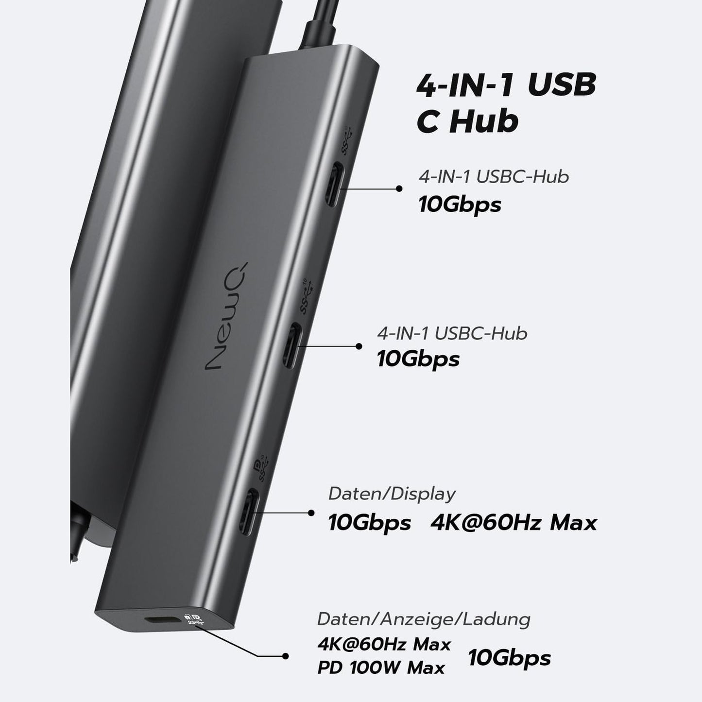 USB C Video Hub NEWQ Type C Hub 3.2 Reverse Current Monitor, Dual Video Display 4K@30-60Hz, 4x USB-C 3.2 GEN2 10Gbps, Support PD 100W Max, with Video Cable