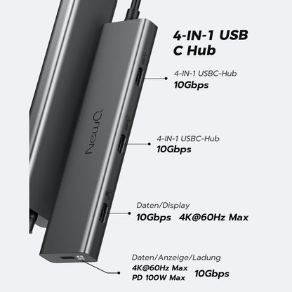 USB C Video Hub NEWQ Type C Hub 3.2 Reverse Current Monitor, Dual Video Display 4K@30-60Hz, 4x USB-C 3.2 GEN2 10Gbps, Support PD 100W Max, with Video Cable