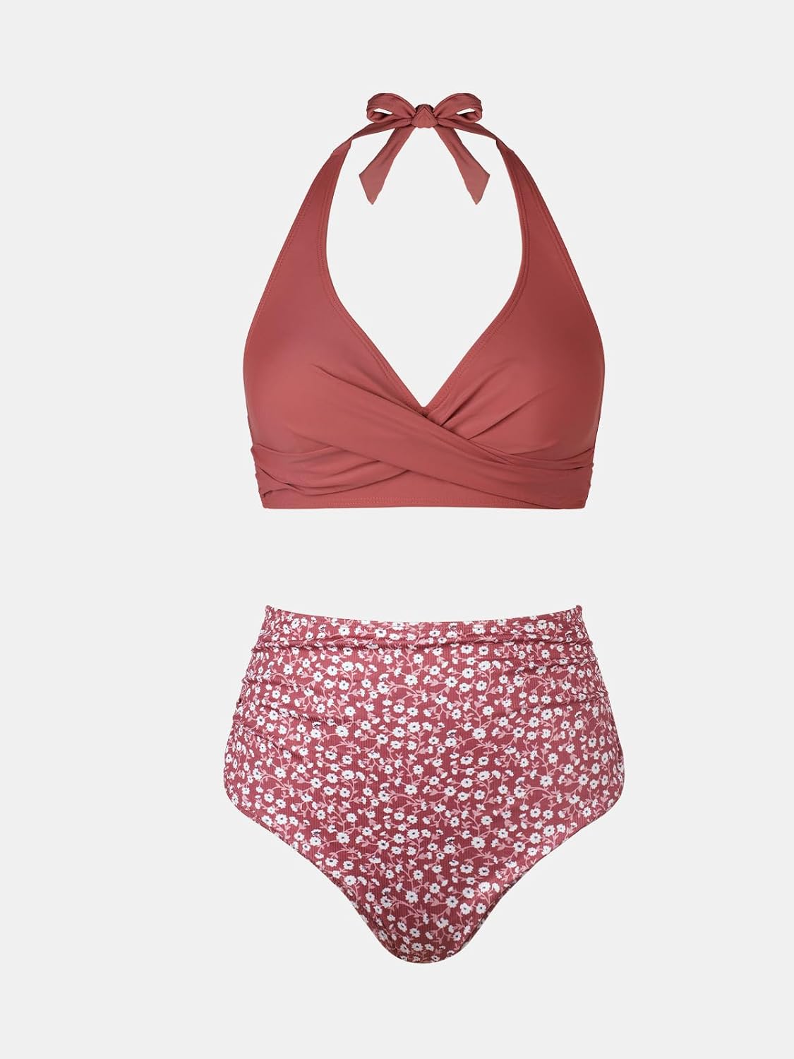 Costum de baie bikini CUPSHE cu talie inalta, decolteu halter si imprimeu floral, marimea XL, rosu caramiziu