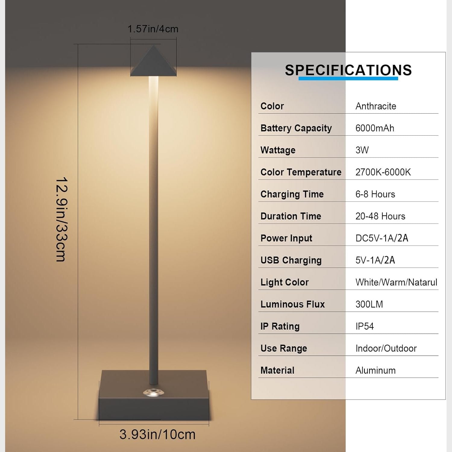 Aipsun 2 Stück LED Dimmbare Akku Tischlampe Kabellose Anthrazit, Wiederaufladbar Warme Lichtfarbe 2700K/4000K/6000K Tischleuchte mit USB-C, Aluminium, IP54 Wasserdichte