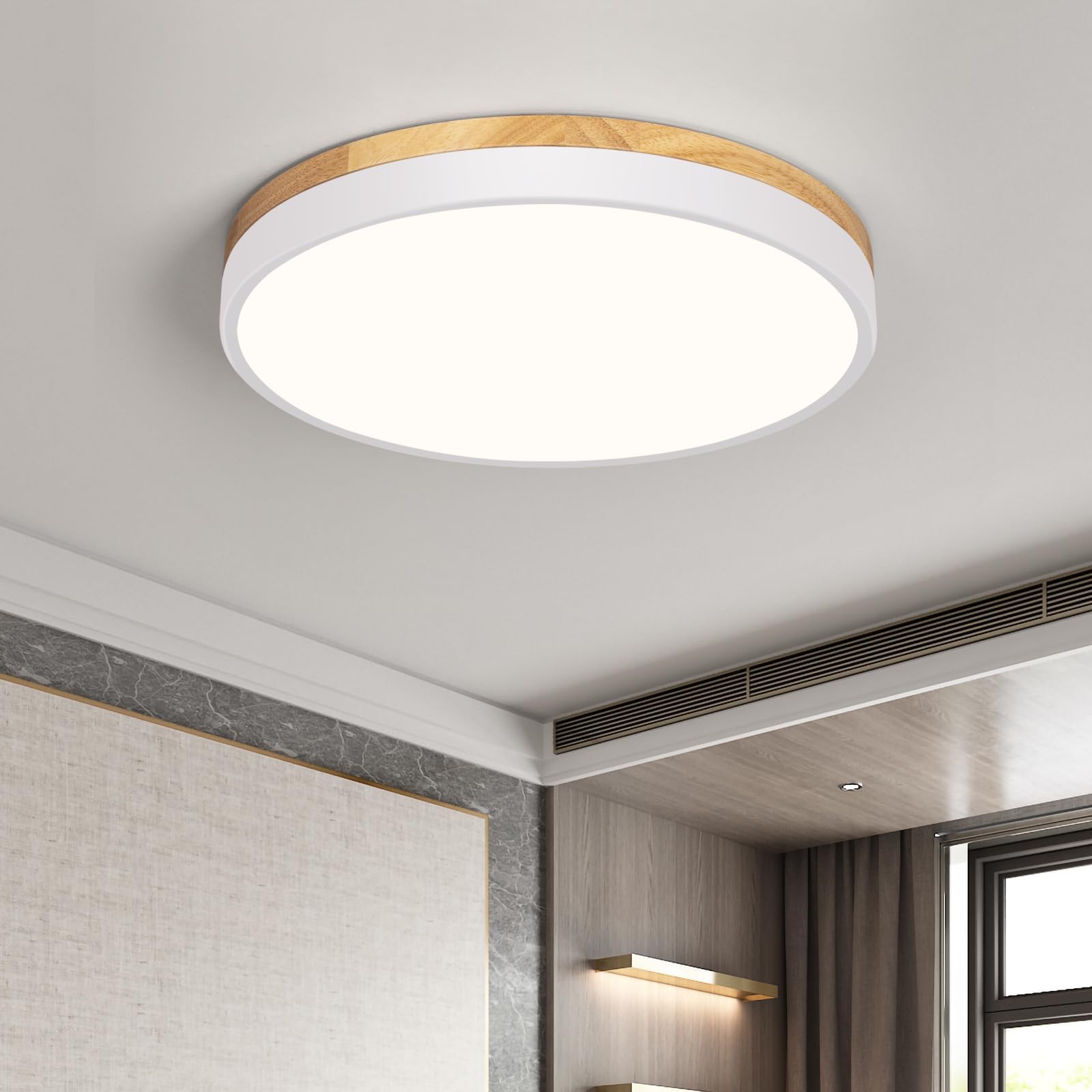 Qamra Ceiling Light, LED Ceiling Light, Wood, 40 cm, Flat Ceiling Light, White, 36 W Round Lamp for Living Room, Bedroom, Kitchen, Hallway, Dining Room, 4000 K