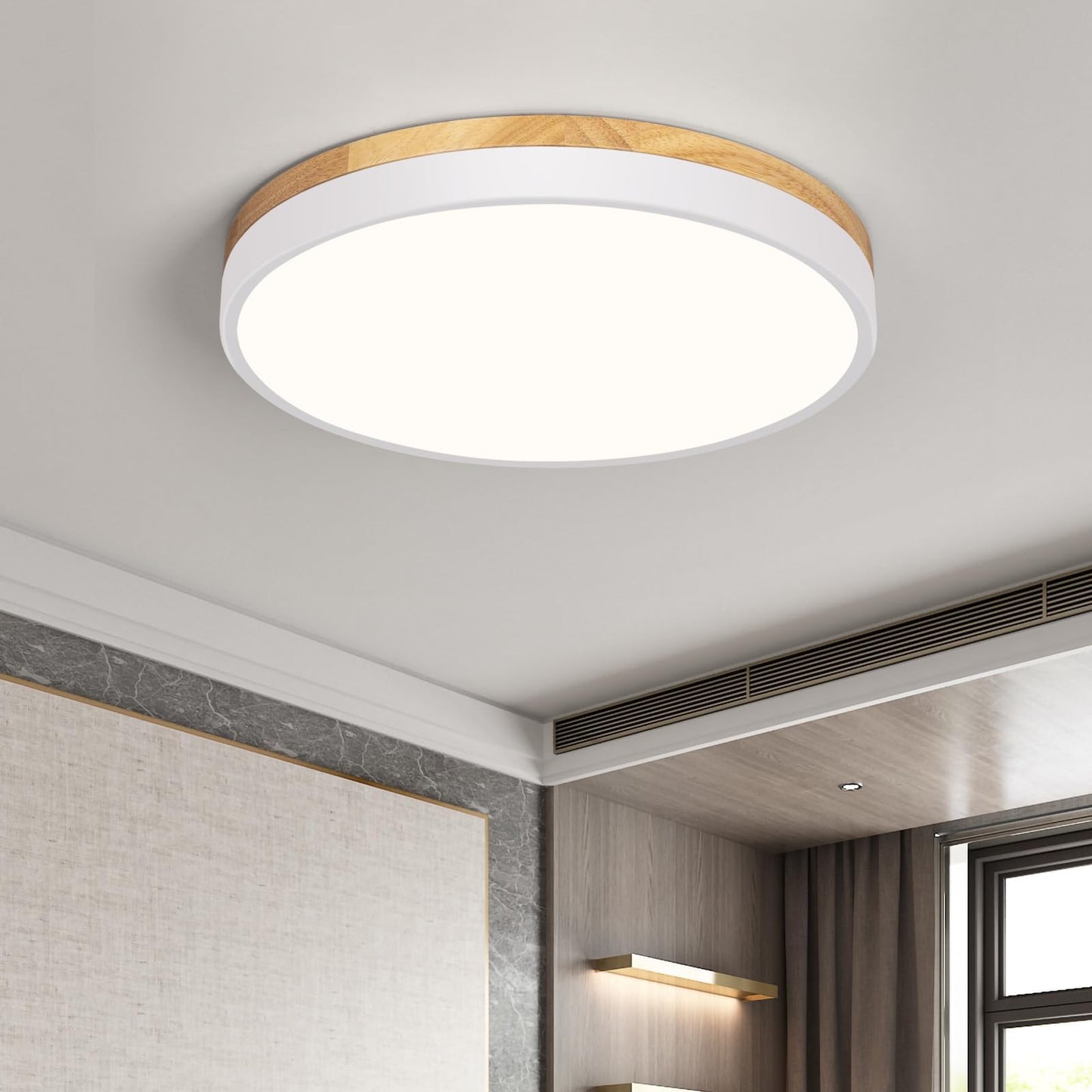 Qamra Ceiling Light, LED Ceiling Light, Wood, 40 cm, Flat Ceiling Light, White, 36 W Round Lamp for Living Room, Bedroom, Kitchen, Hallway, Dining Room, 4000 K