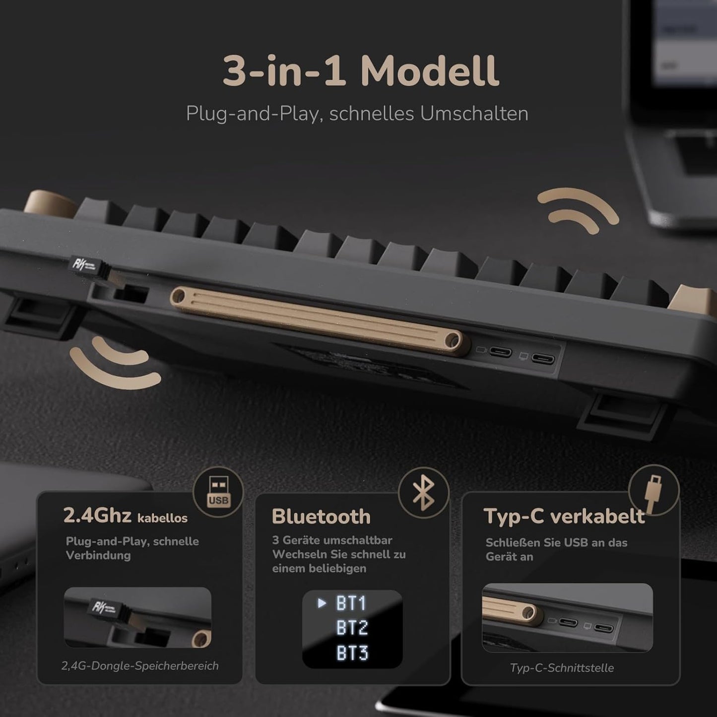 RK ROYAL KLUDGE M75 Gaming Keyboard Wireless, 75% Percent TKL Mechanical Keyboard, RGB, 2.4GHz Wireless/Bluetooth/USB-C, QWERTZ with OLED Smart Display and Button, Hot-Swappable Brown Switch, Grey