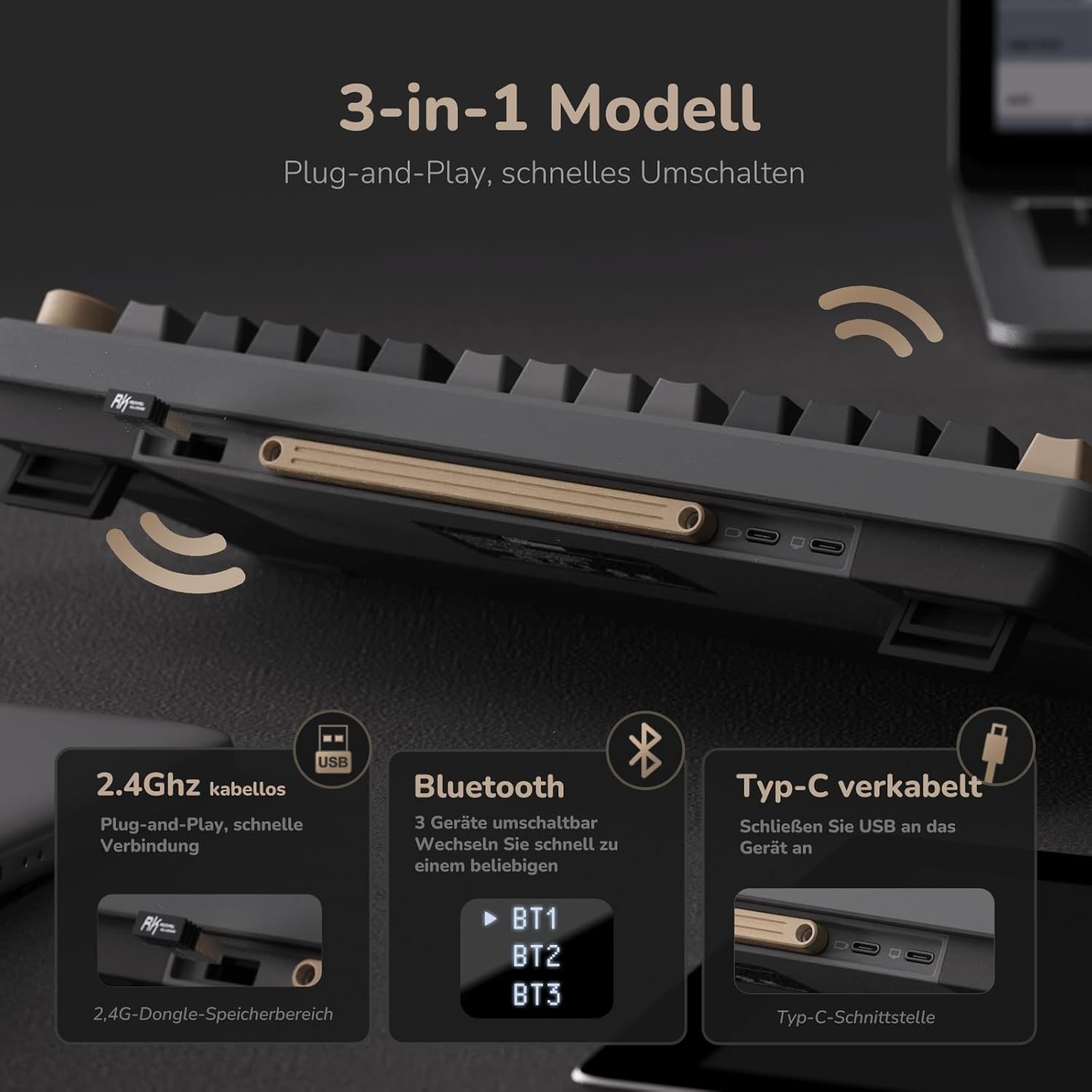 RK ROYAL KLUDGE M75 Gaming Keyboard Wireless, 75% Percent TKL Mechanical Keyboard, RGB, 2.4GHz Wireless/Bluetooth/USB-C, QWERTZ with OLED Smart Display and Button, Hot-Swappable Brown Switch, Grey