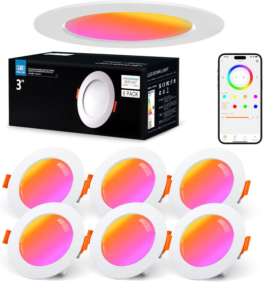 VARICART Recessed Spotlight 230 V RGB Alexa, Smart LED Spotlight, Flat, Bluetooth, 7 W, Warm White, Set of 6, Dimmable Colourful, Ceiling Spotlights, Music Sync App Control, Colours Spotlights