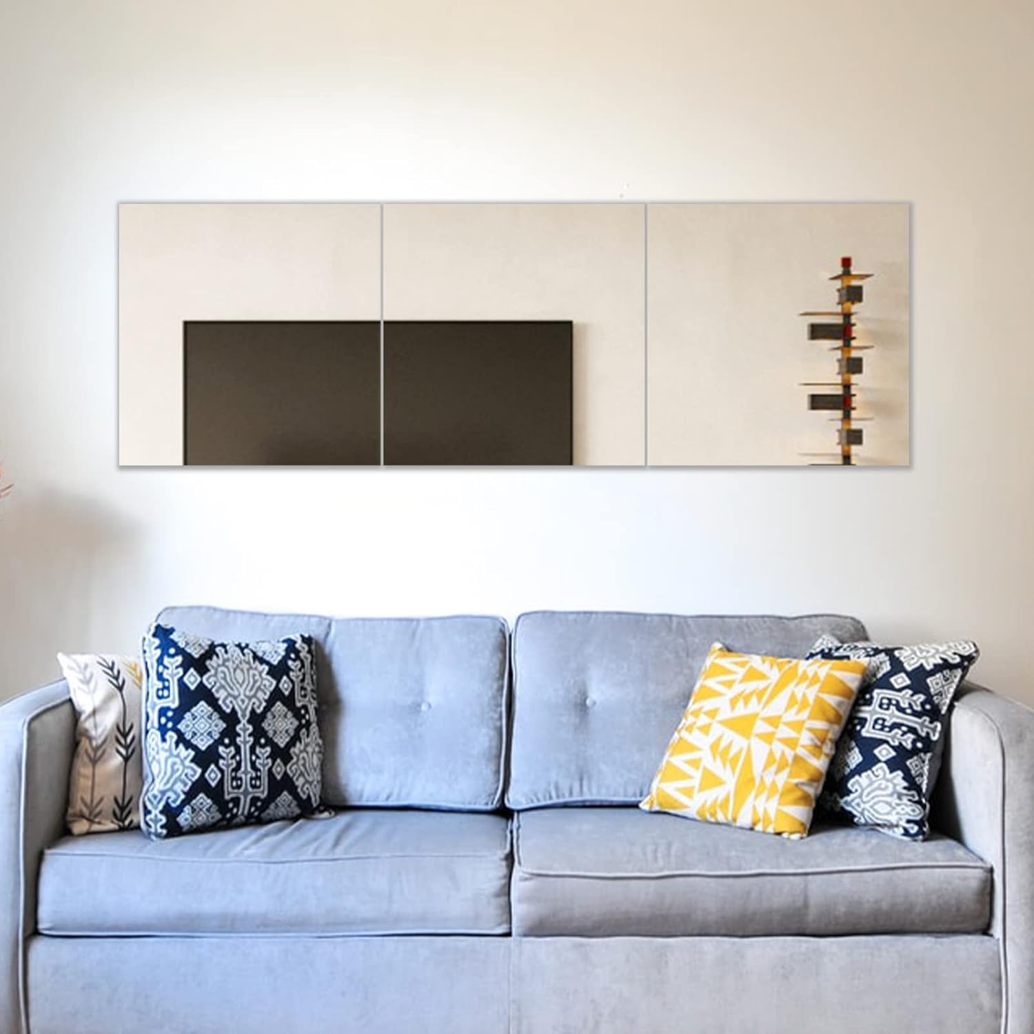 Muzilife Glass Mirror Tiles, 3 Pieces, 40 x 40 cm, DIY Wall Mirror with 4 Adhesive Mats, HD Mirror Set in Kitchen, Living Room and Bathroom