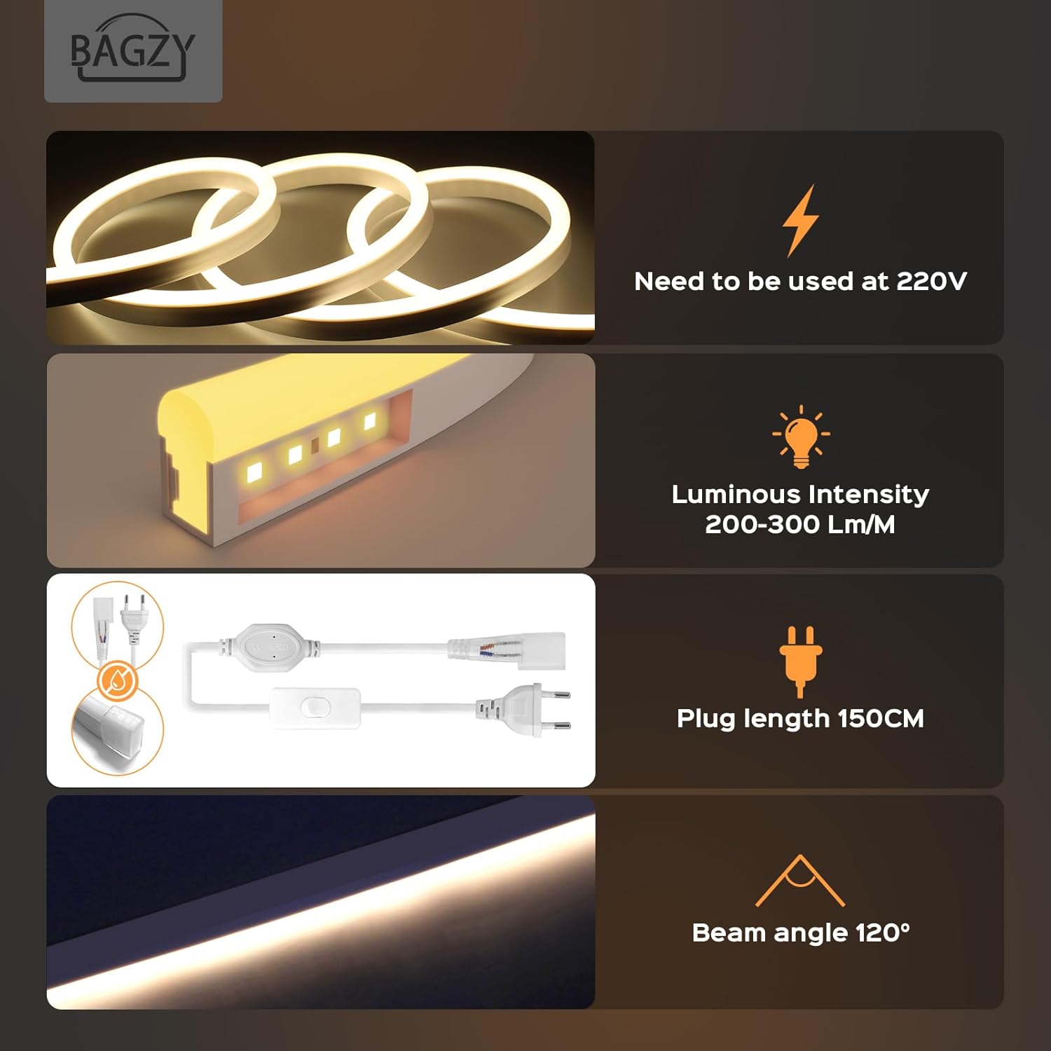 BAGZY Neon LED Strip, 15 m, Outdoors, Waterproof, 230 V, 120 LED/m, Flexible, DIY, for Indoors, Christmas Party, Outdoor Use, with Power Supply and Controller (Natural White)
