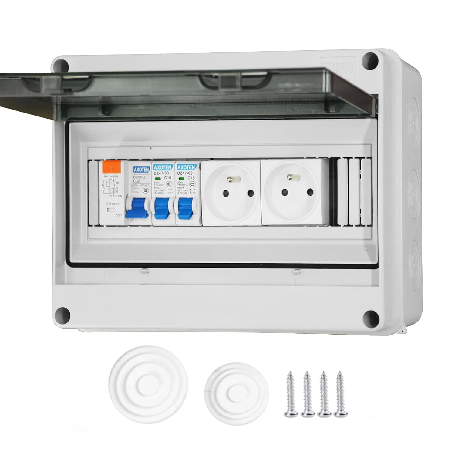 Boîte à fusibles en saillie IP65 01 Simmpatuu-Coffret électrique étanche IP65 équipé Livré,DZ 30mA AC Interrupteur de Fuite, 1 Disjoncteur 16A,2 prise modulaire 16A 2P+T