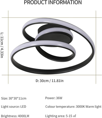Comely Ceiling Light LED, 36 W Creative Spiral Design Ceiling Light Black Bedroom Lamp, Modern Ceiling Light LED Warm White 3000 K for Living Room, Dining Room, Kitchen, Hallway