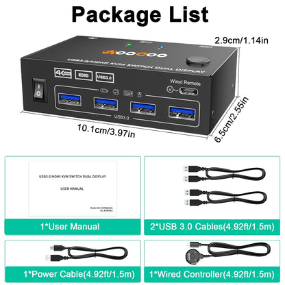 KVM Switch 2 Monitors 2 PC 4K @ 60Hz 2K @ 120Hz, Dual Monitors HDMI KVM Switches with EDID Function Wired Remote Control, Power Supply and USB 3.0 Cable Included