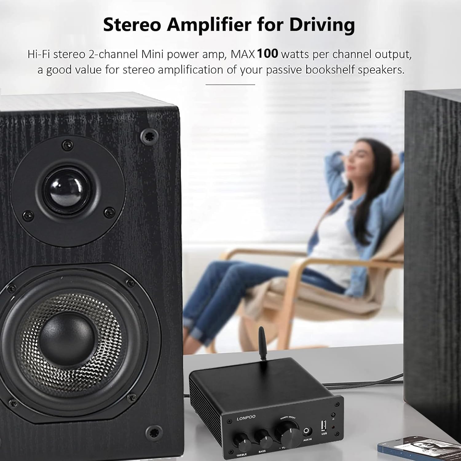 LONPOO Mini Bluetooth HiFi Amplifier 200 W with Remote Control, Optical, Coax, USB, AUX Input, 2 Channel Audio L/R Output for Speaker Cable (AMP-615)