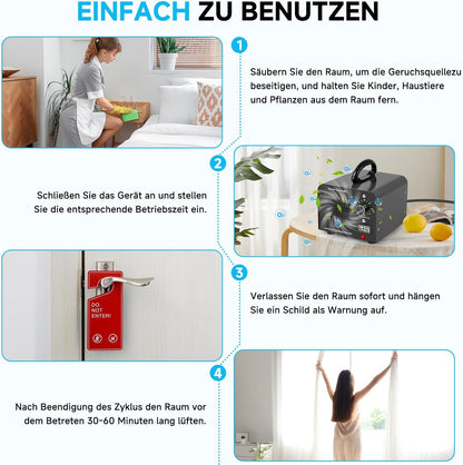 Ozone Generator, 60,000 mg/h Ozone Device with Temperature and Humidity Display, Ozone Air Purifier with 120 Min Timer, for Car, Home, Room, Smoke, Pet Odours and Kitchen Odours, Black