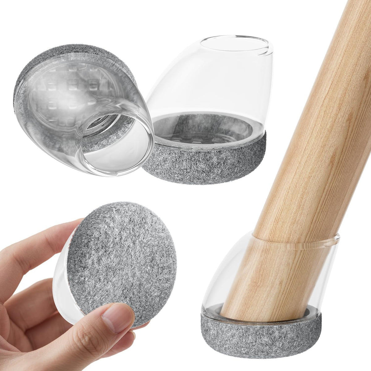 Set 24 capace din silicon RCHYFEED pentru picioare de scaun inclinate, transparente cu fetru gri, marimea S 14-20 mm