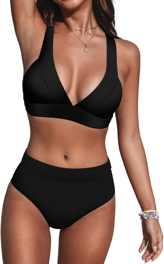 Costum de baie din doua piese CUPSHE cu decolteu in V, talie inalta si bretele late, marimea S, negru