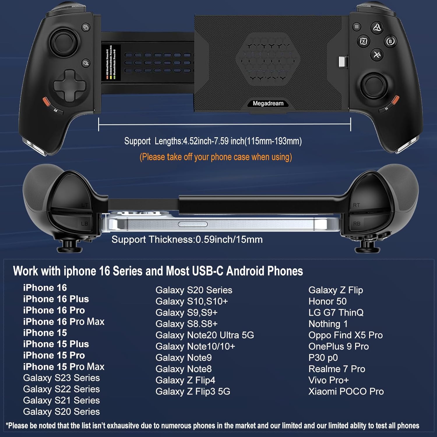 Megadream Phone Controller for iPhone 16/iPhone 15/Android USB C Mobile Gaming Controller with 3.5mm Audio Jack, Remote Player Gamepad for PS5/PS4/Xbox/PC, Cloud Game, Plug and Play, Hall Joysticks/Hall Trigger, 2 Mappable Buttons