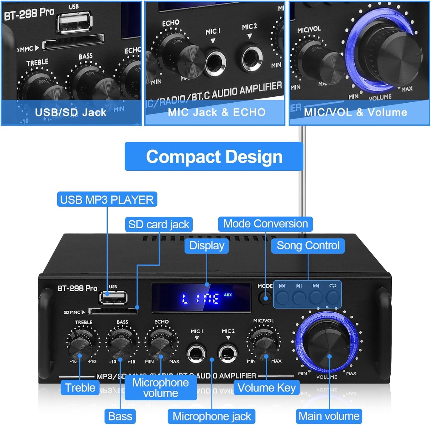 HiFi Stereo Audio Amplifier-BT-298Pro Bluetooth 5.0 Home Speakers Amplifier 50W X 2 Max. 600W Output Mini Digital Power Amplifier Receiver with Echo,MIC,USB, FM Radio