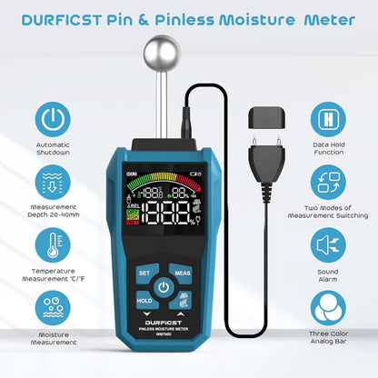 Moisture Meter, DURFICST Moisture Meter Wall, Pin & Pinless Moisture Meter with Colour LCD and Acoustic Alarm, Detects 20-40 mm Walls, Wood, Masonry, Concrete and Other Building Materials