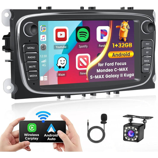 Hikity Android13 Car Radio with Sat Nav for Ford Focus S-Max Galaxy C-Max, 1G 32G 7 Inch Car Radio 2Din with GPS/Mirror Link/WiFi/Bluetooth/FM/2USB/MIC/Reversing Camera