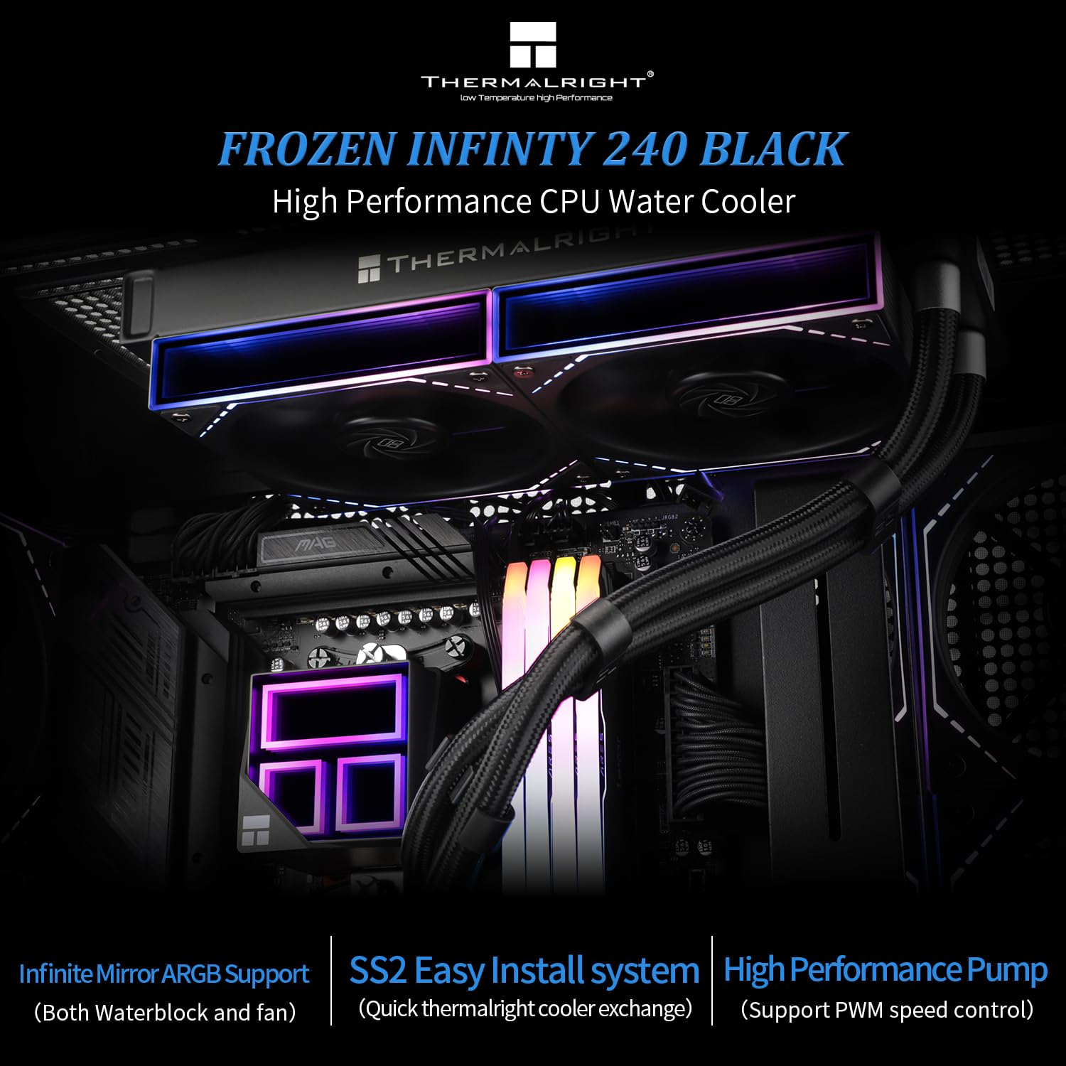 Thermalright Frozen Infinity 240 Black Liquid CPU Cooler,Double PWM Fans with 2000RPM,Desktop CPU Aio Cooler,for AM4/AM5&Intel LGA1150/1151/1200/2011/1700/1851,Infinity Mirror PC CPU Water Cooler