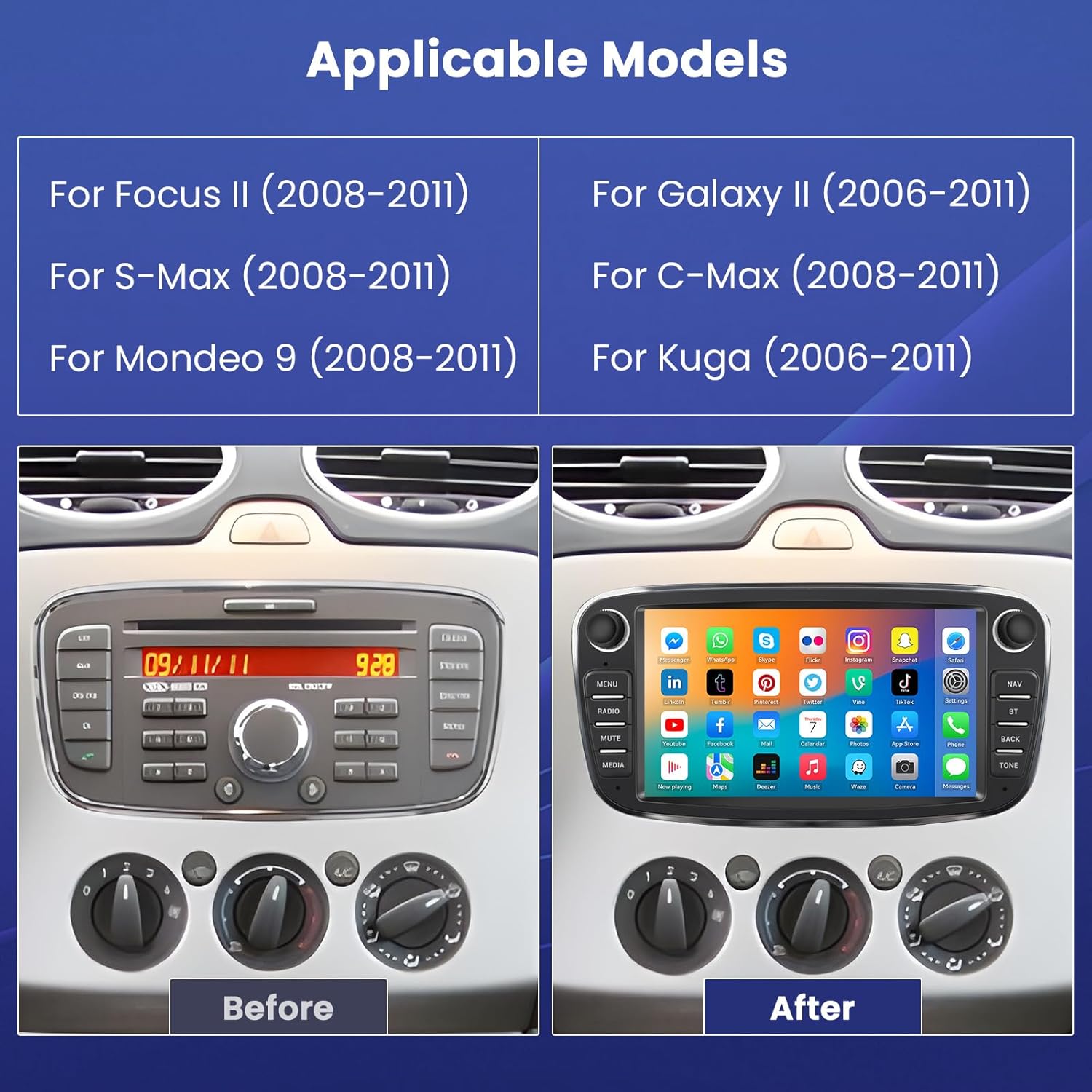Hikity Android13 Car Radio with Sat Nav for Ford Focus S-Max Galaxy C-Max, 1G 32G 7 Inch Car Radio 2Din with GPS/Mirror Link/WiFi/Bluetooth/FM/2USB/MIC/Reversing Camera