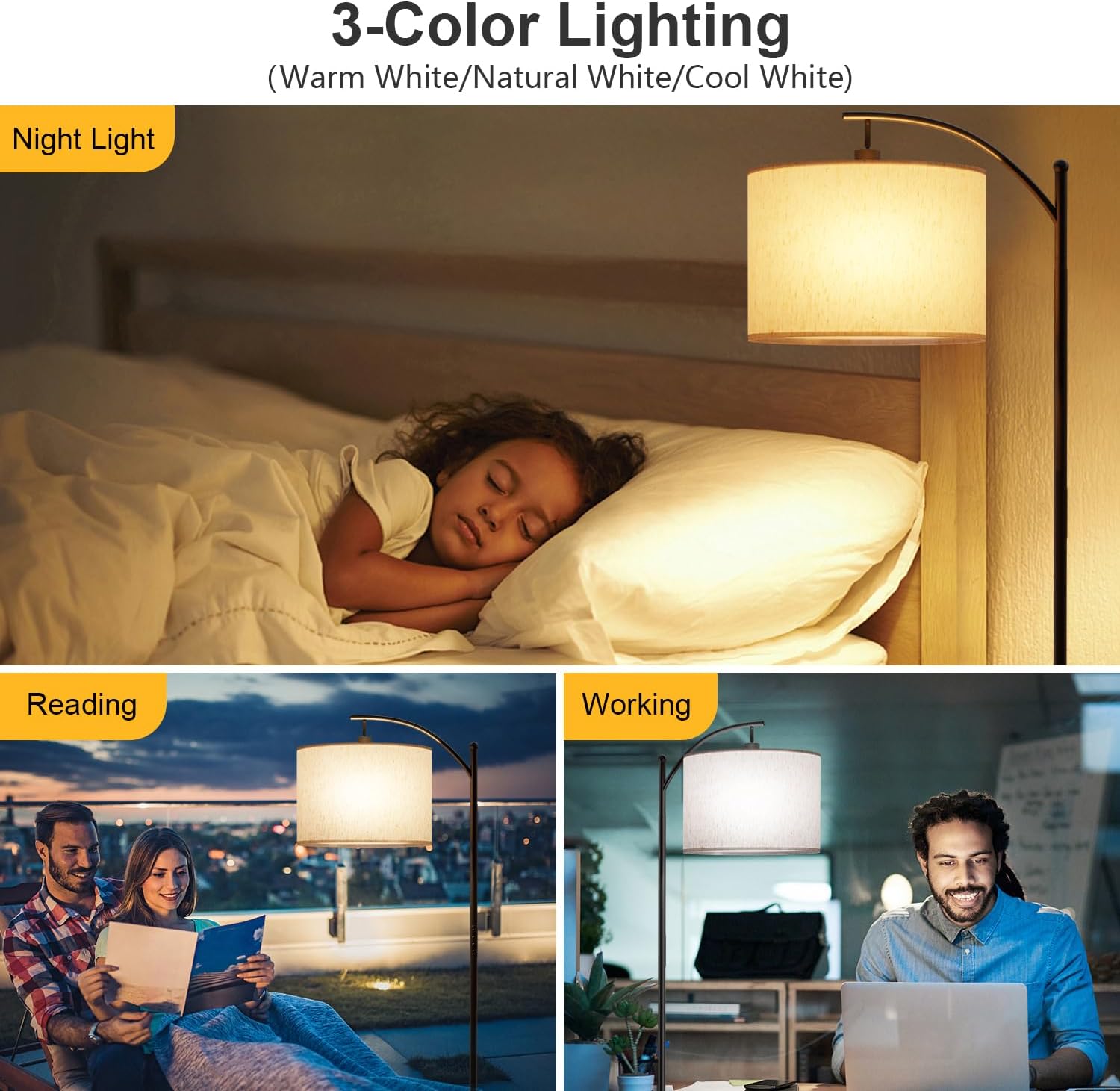 GLUROO Floor Lamp Living Room with Remote Control, Modern Floor Lamp Arch Lamp with 3 Colour Changes, Continuous Brightness, Dimmable LED Floor Lamp with Foot Switch