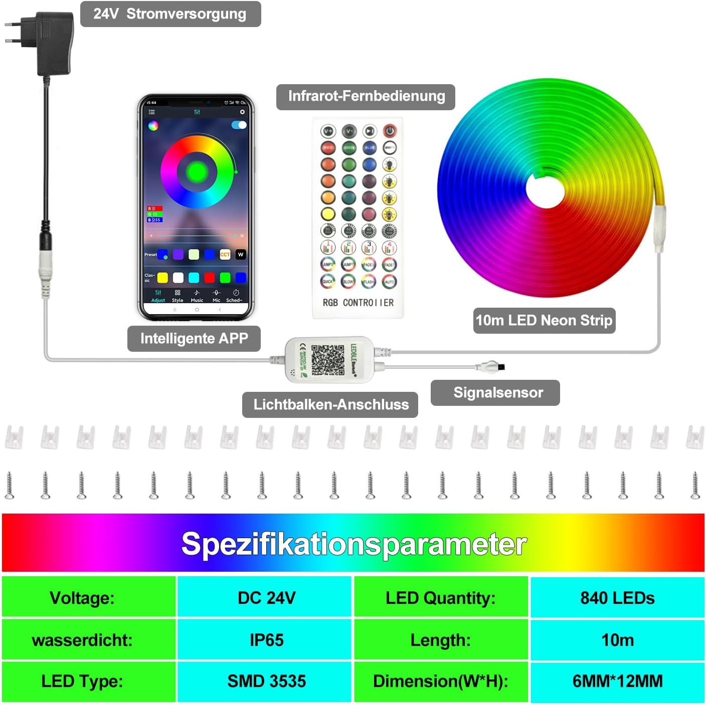 calflux Neon LED Strip 10 m, RGB Strip Fairy Lights, IP65 Waterproof LED Strip with Bluetooth Remote Control, 24 V LED Strip Colour Changing for Bedroom, Room, Indoor and Outdoor Decoration