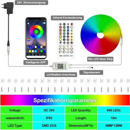 calflux Neon LED Strip 10 m, RGB Strip Fairy Lights, IP65 Waterproof LED Strip with Bluetooth Remote Control, 24 V LED Strip Colour Changing for Bedroom, Room, Indoor and Outdoor Decoration