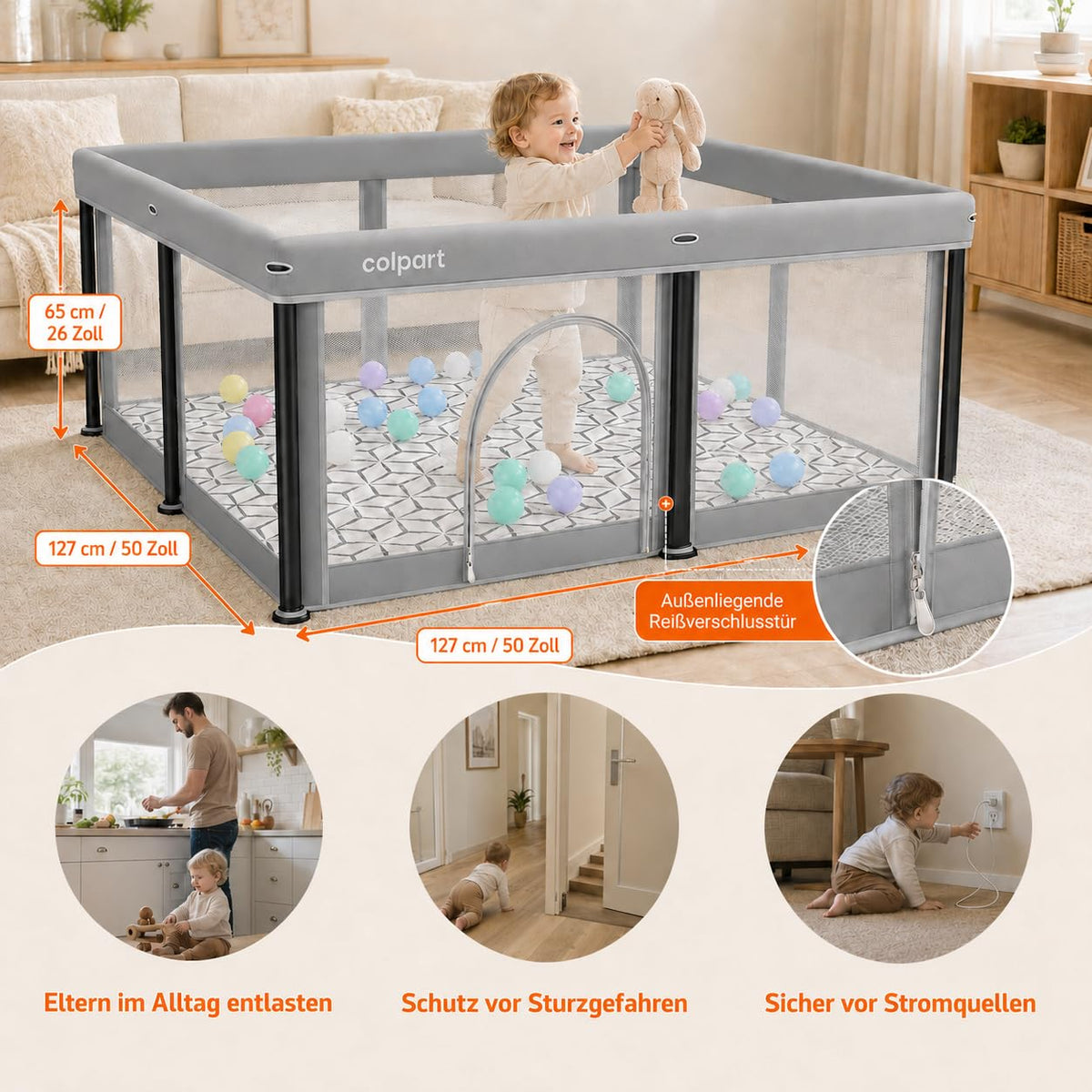 Tarc pliabil pentru bebelusi colpart cu salteluta, 1.2 x 1.2 m, gri