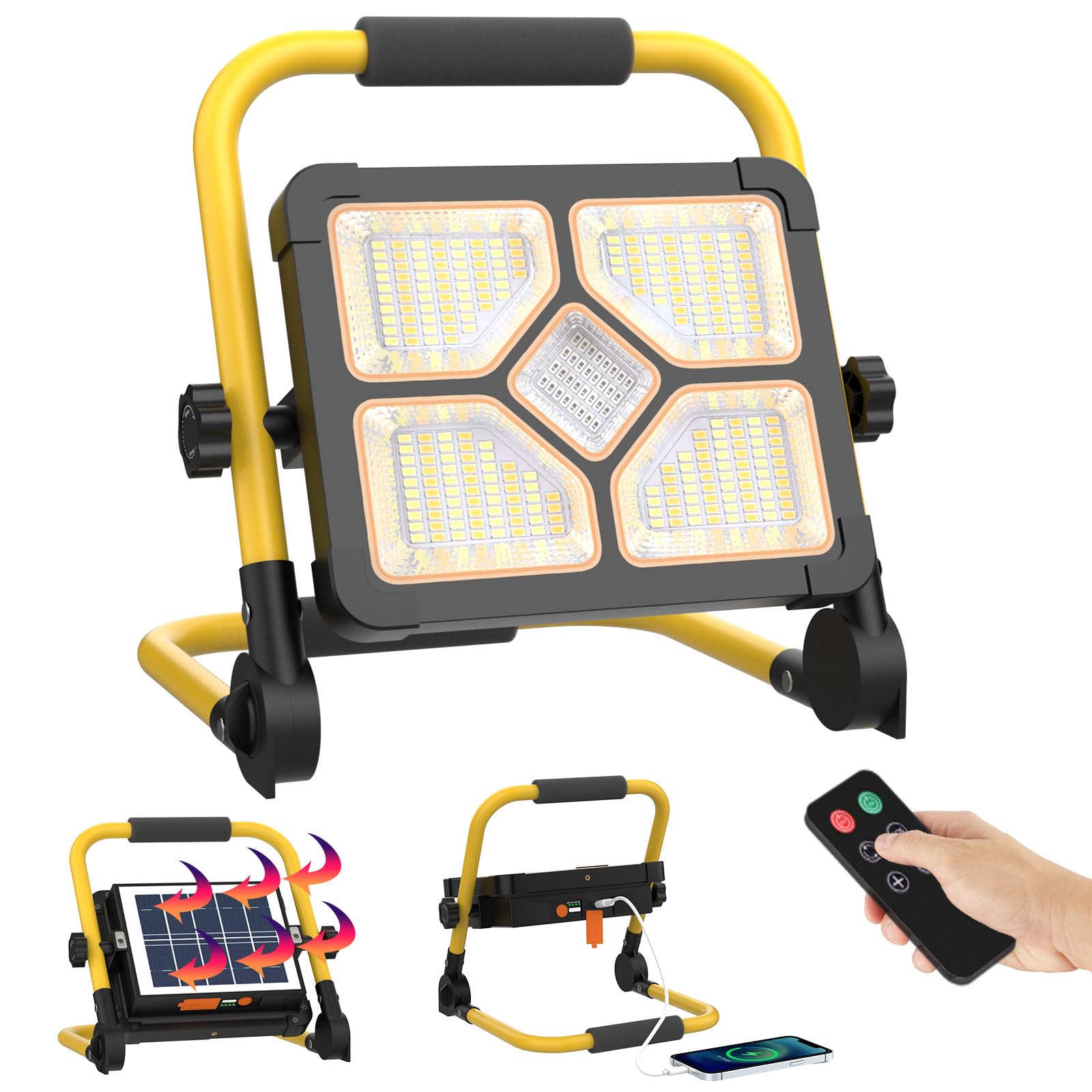 ERAY LED Construction Spotlight, 8000LM 13500mAh LED Work Light with Remote Control, 4 Modes, Power Bank, Timer, 70 LED, Solar & USB Charging, Job Site Lighting