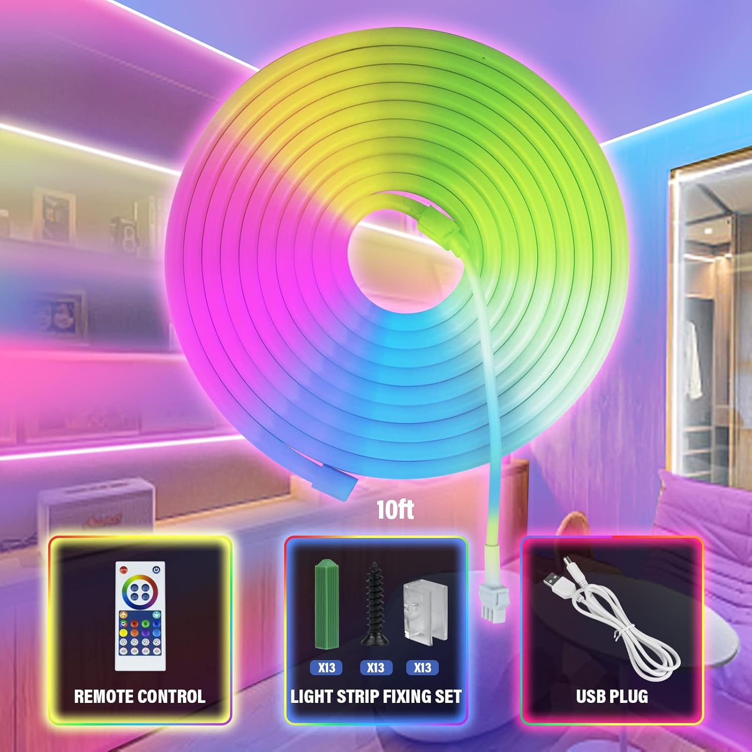 Neon LED Strip 5 m, RGBIC Neon LED Strip with App Control, DIY Colour Changing Light Strip, Music Sync, Neon Light Strip for Living Room, Bedroom, Wall Decoration…