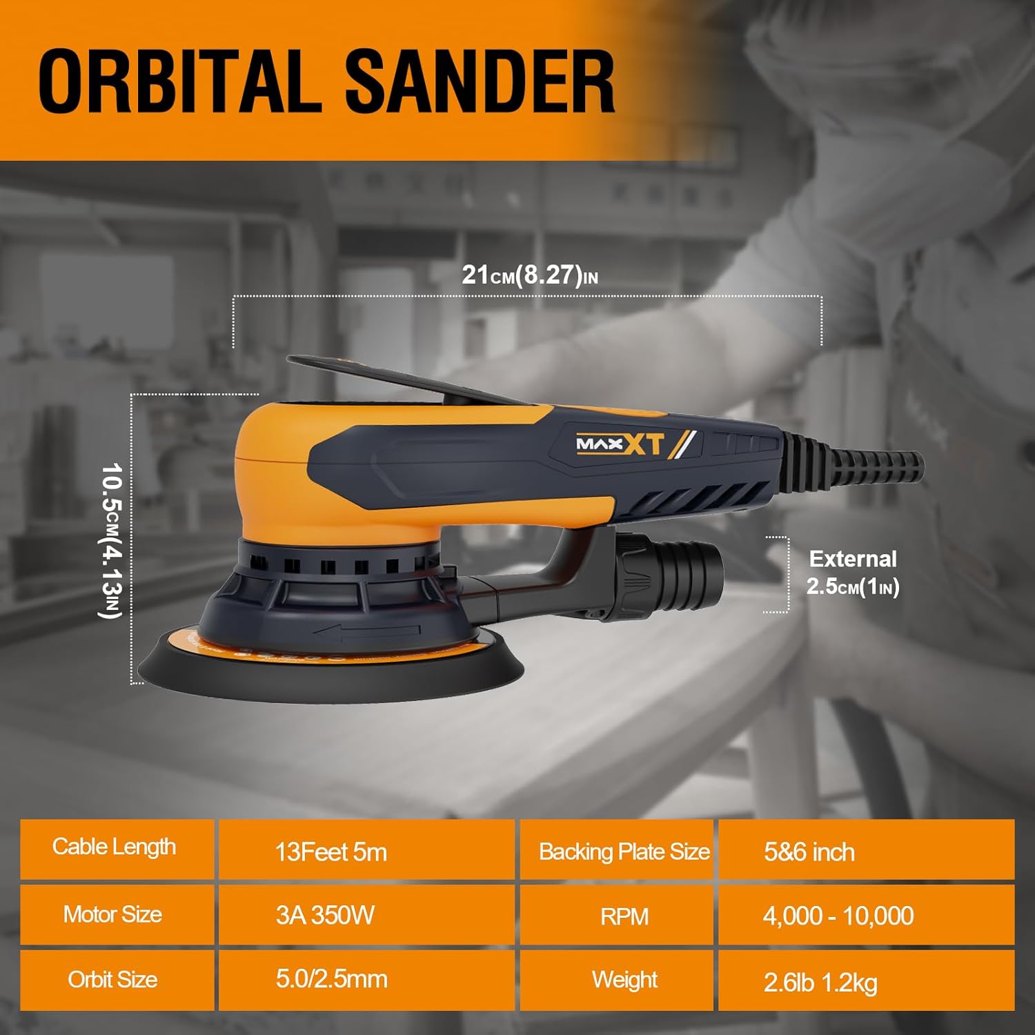 MAXXT Electric 5mm Random Orbital Sander, Palm Sander with Brushless Motor, 5&6Inch Sanding Pads, Central Vacuum, Sanders for Woodworking, Primary Wood and Panel Processing(Orange)