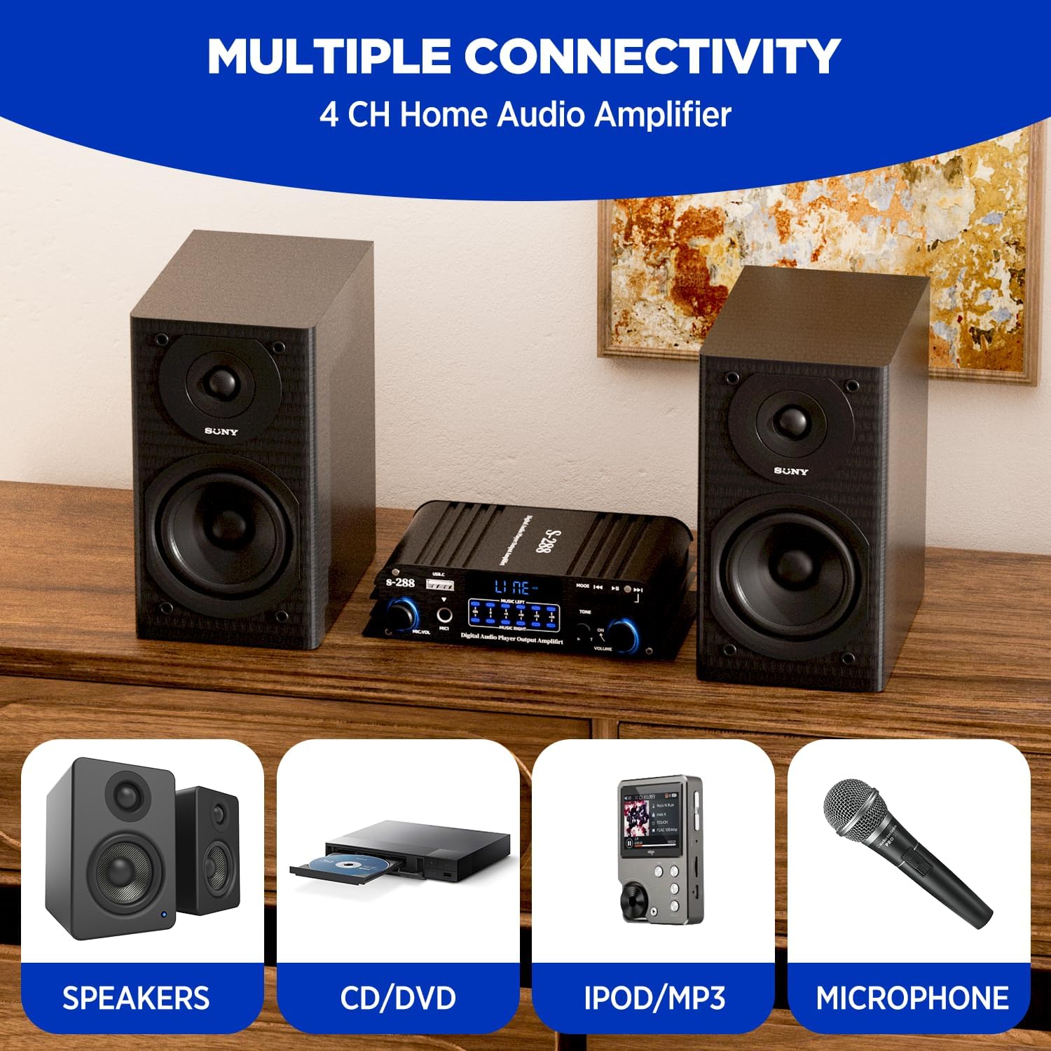 4.1 Channel Amplifier, 1200 W Mini HiFi Stereo Amplifier, Bluetooth 5.0 for Home Speakers 35 W x 4 from 110-240 V to DC 12 V with USB/Microphone/FM with Remote Control
