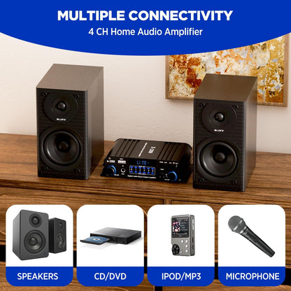 4.1 Channel Amplifier, 1200 W Mini HiFi Stereo Amplifier, Bluetooth 5.0 for Home Speakers 35 W x 4 from 110-240 V to DC 12 V with USB/Microphone/FM with Remote Control
