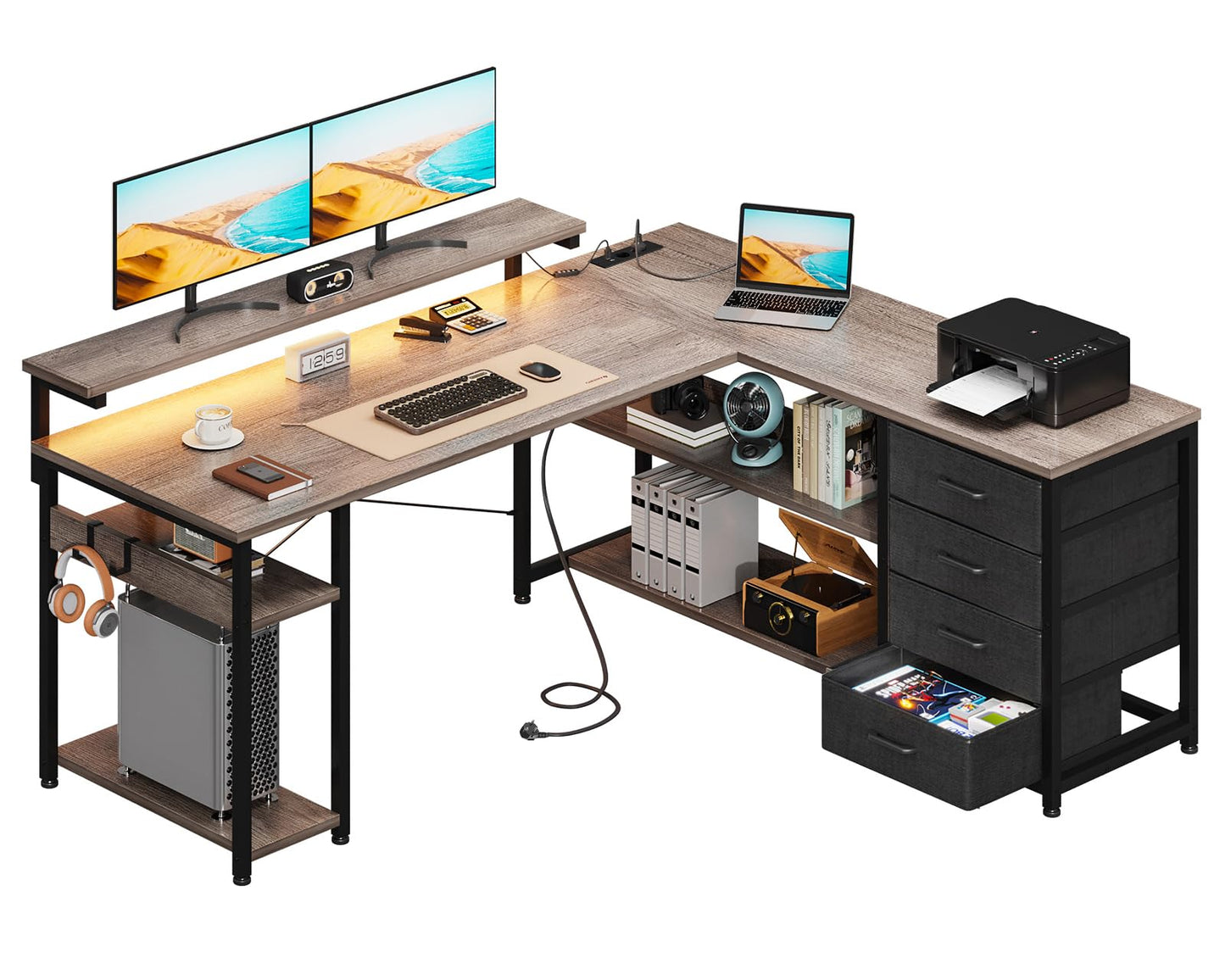 Birou ODK L-Shaped Desk 135x110cm LED prize si sertare gri