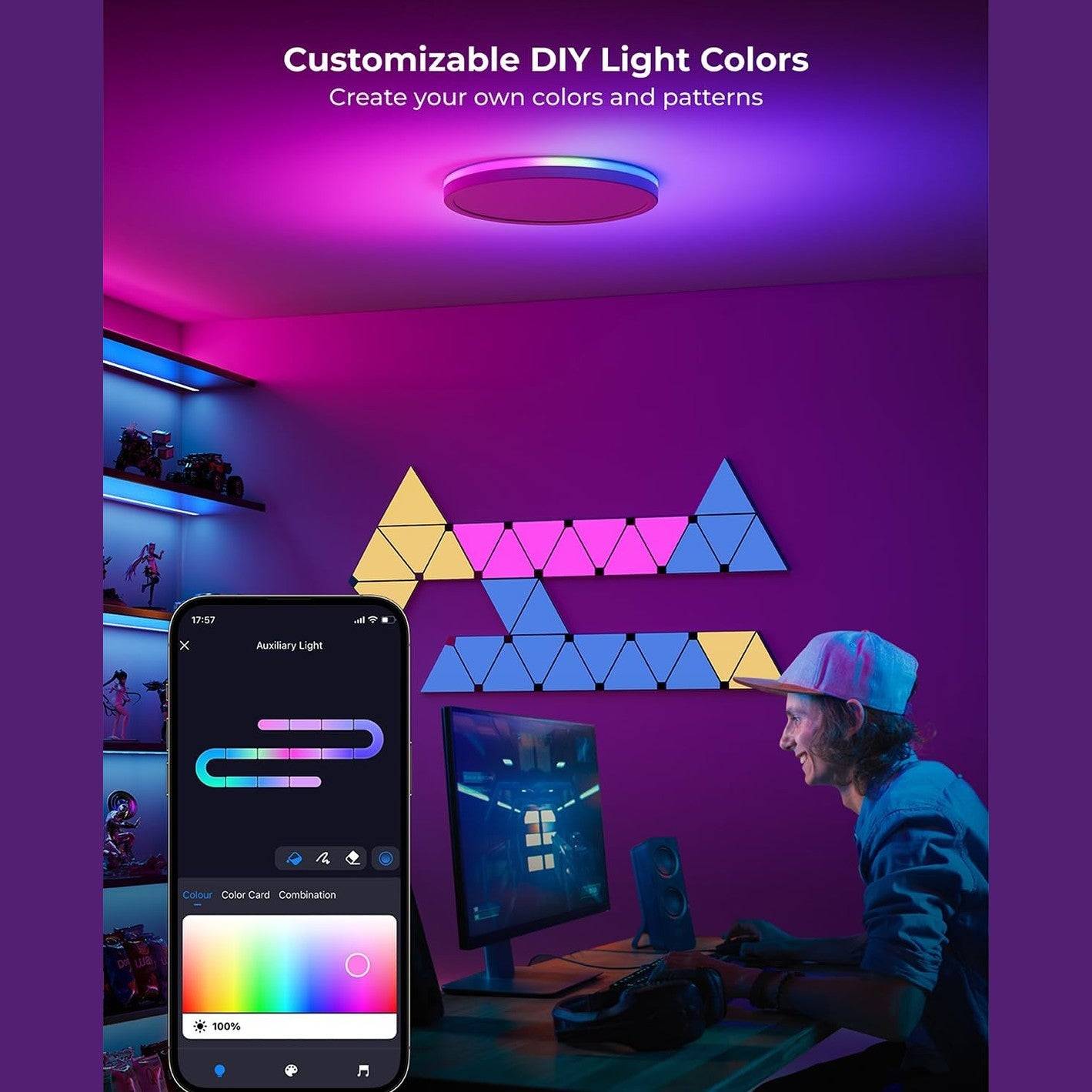 Smart Ceiling Light RGB, LED Ceiling Light Dimmable 24 W, 16 Million DIY Colours, Compatible with Alexa & Google Assistant, RGB Ceiling Light LED for Bedroom, Living Room, Round, 30 cm