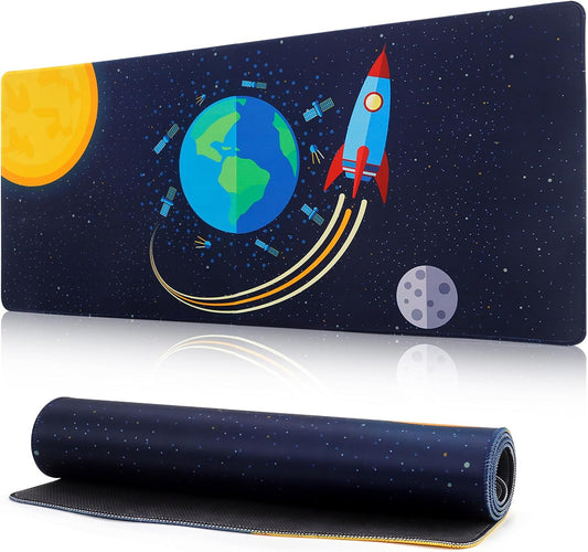 Mouse Mat Gaming Mouse Mat XXL 900 x 400 mm Desk Mat Large Mouse Mat White Mouse Pad Mouse Pad Earth Rocket Mouse Mat with Motif for PC Office Desk Mat Laptop Computer
