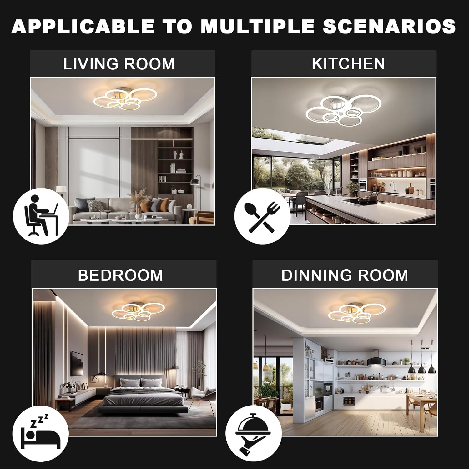 RUYI Ceiling Lights,Modern LED Arylic 6 Ring 72W 6400LM Flush Chandeliers Lamp with Remote Control,for Living Room,Bedroom,Bathroom,Dimmable 2800-7000K
