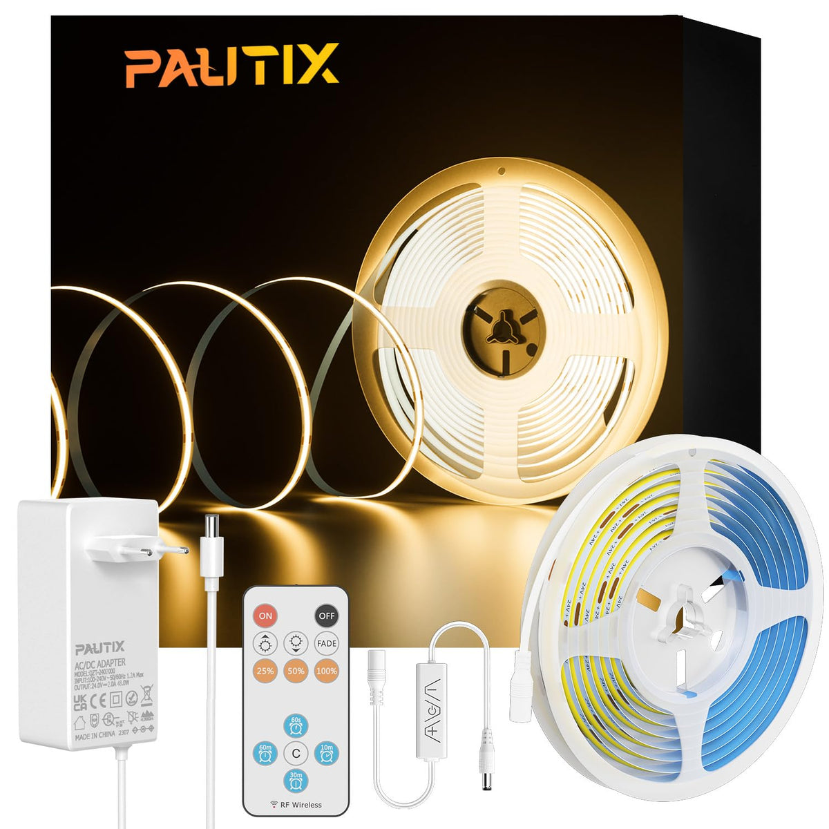 Banda LED PAUTIX COB 5 m 3000K 24V RF Remote CRI93+ Dimmabila