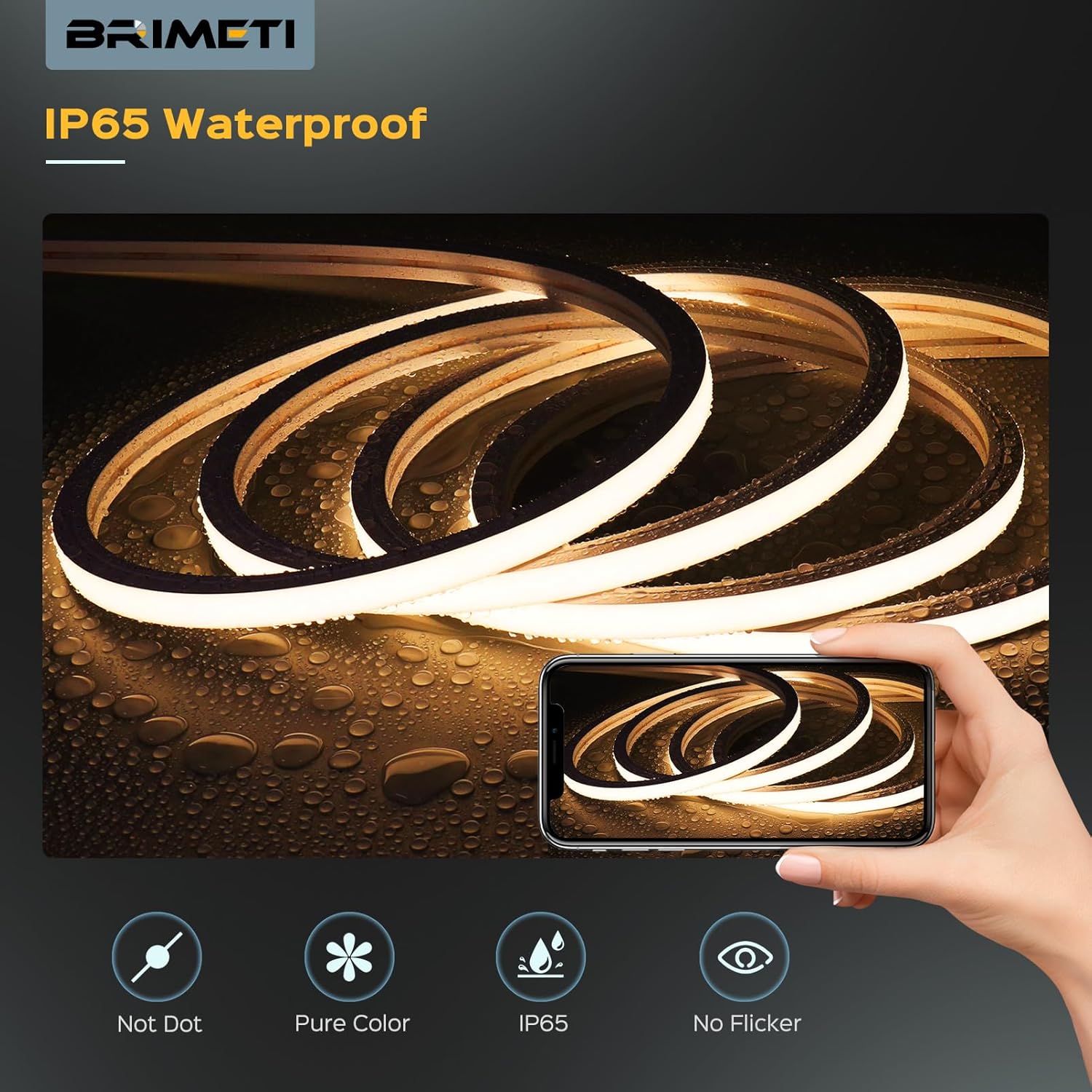 BRIMETI Ruban LED Exterieur Etanche 15M 220V Bande Neon LED Flexible Jaune Bandeau Outdoor IP65 10MM Silicone Découpable Imperméable Intérieure, Inclus Adaptateur Secteur, pour Cuisine