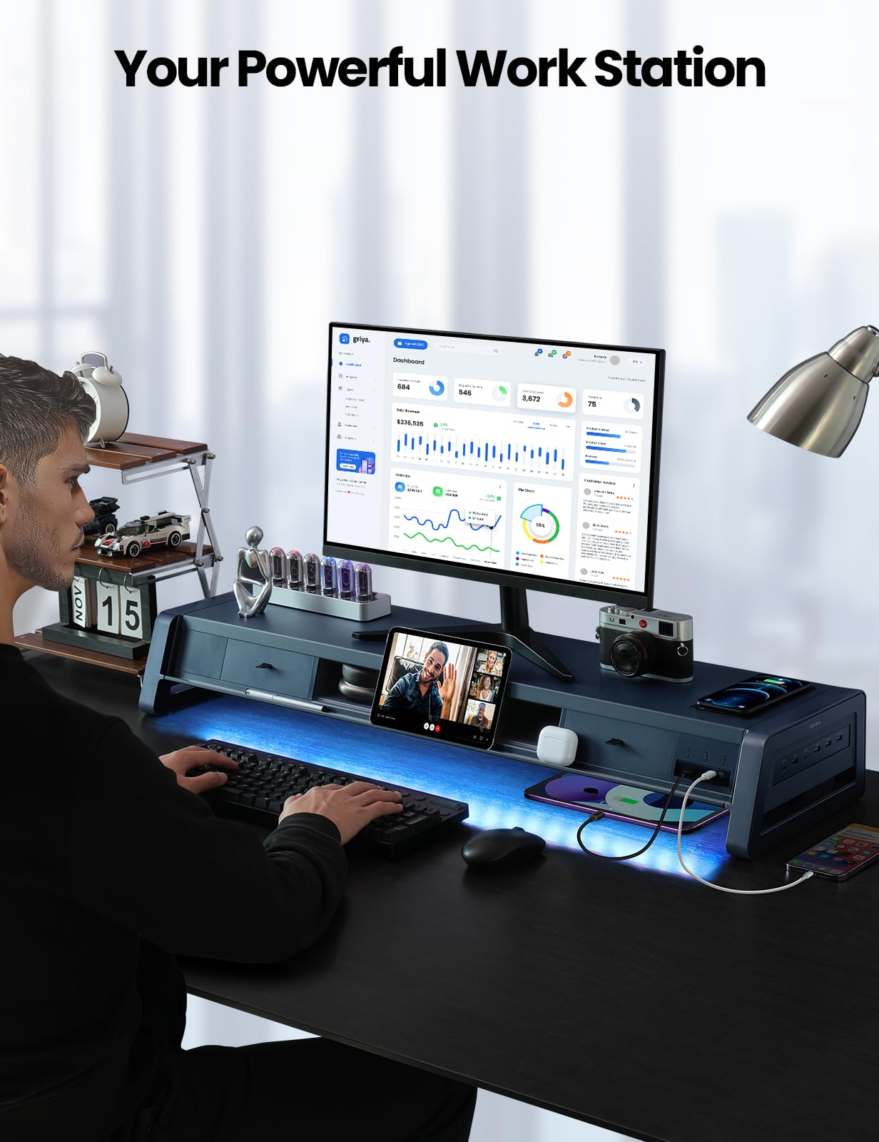 Suport monitor VAYDEER cu sertare si USB, incarcare wireless 15W