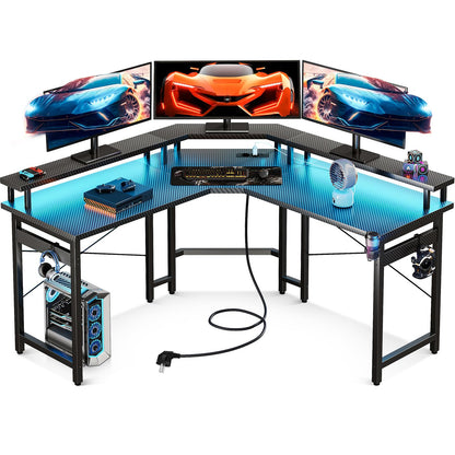 Birou gaming 129x129 cm ODK, LED, 2 prize + 2 USB, raft monitor