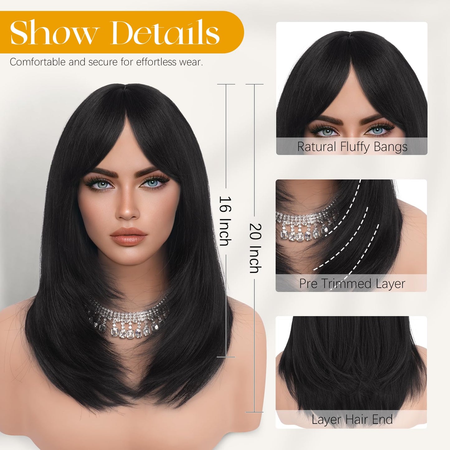 Peruca Sofeiyan Long Straight Wig 40 cm Negru Natural cu Breton