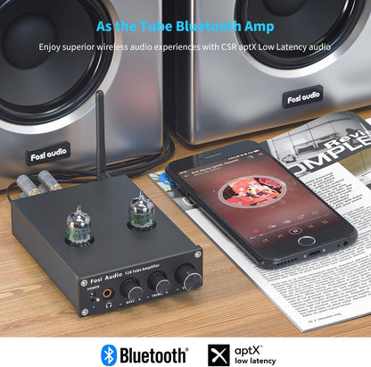 Fosi Audio T20 Bluetooth Tube Amplifier, Stereo Headphone Amplifier 2 Channel, Class D Digital Mini Hi-Fi aptX Compact Integrated Power Amp for Home Passive Speakers with 5654W Vacuum Tubes