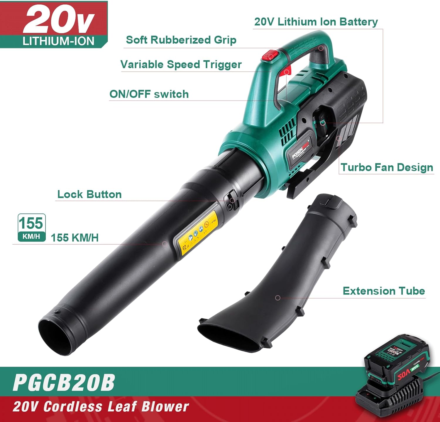 POSENPRO Battery Leaf Blower 20 V, Leaf Blower Battery 155 km/h 480 m³/h, Max 23000 RPM, Battery Blower Leaf Blower 2-Speed, Leaf Blower with 4000 mAh Battery and Charger, for Garden, Lawn Care, Snow