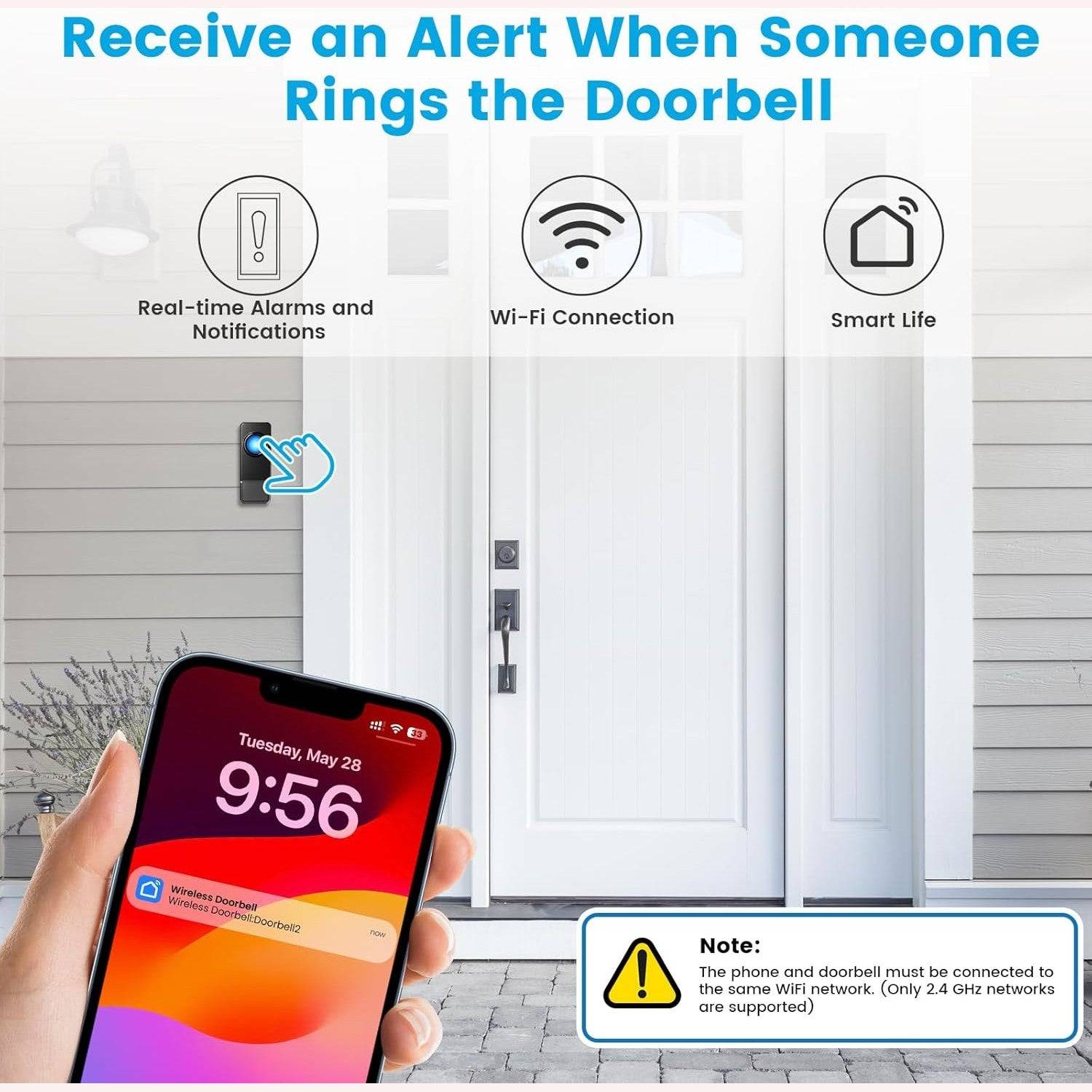 WiFi Doorbell Waterproof Outdoor, APP with No Subscription, 0-110dB Range Wireless Doorbell with 32 Melodies, Door Bell with Remote Notification, Door Bells with LED Flash for Homes, Offices