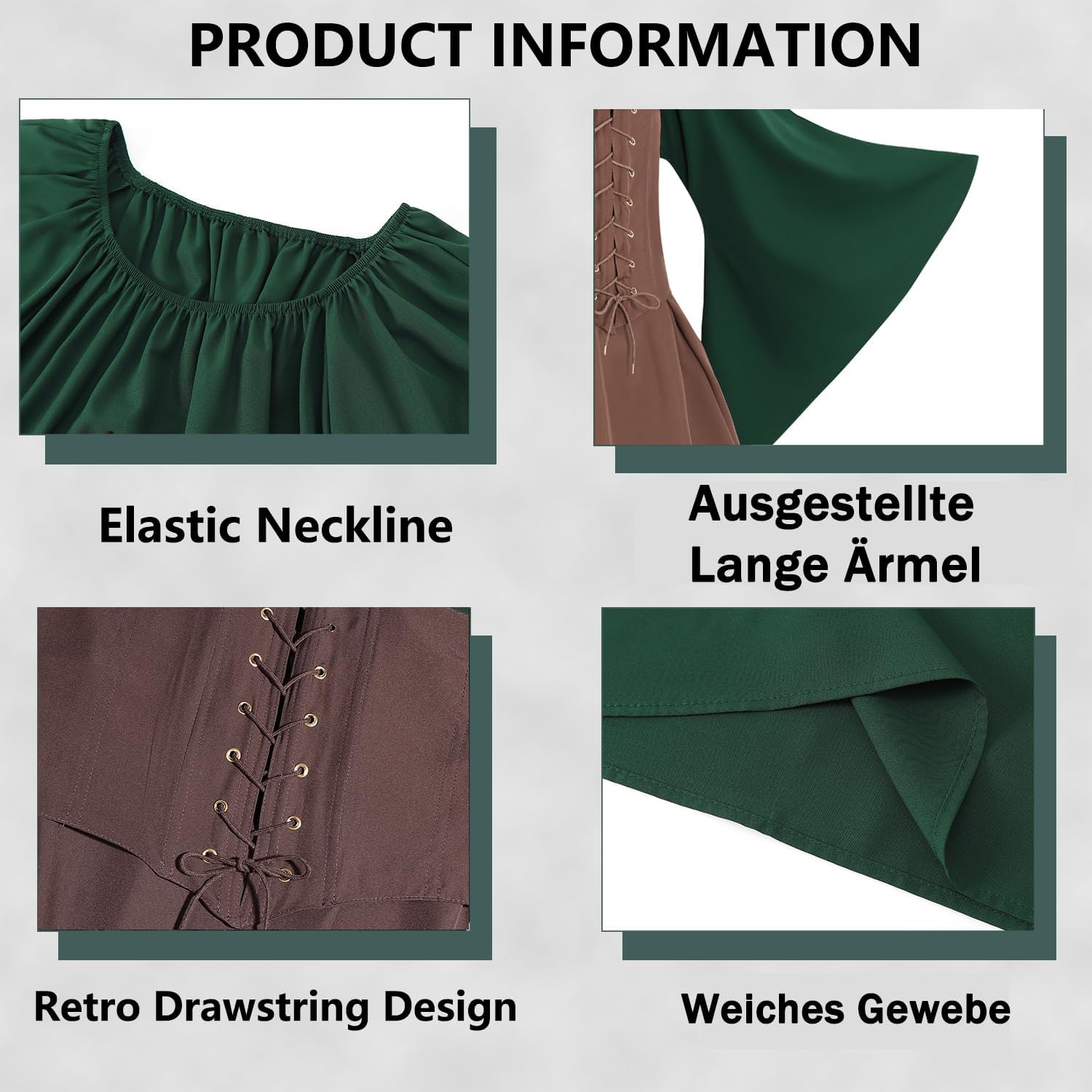 FOVER Medieval Gothic Clothing Women's Traditional Irish Dress Renaissance Green Dresses Carnival Halloween Costume Pirate Cosplay Outfit with Head Chain Flower Wreath Elf Ears Overknee Socks